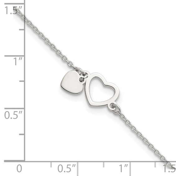 Sterling Silver Polished Double Heart 7 inch with 1 inch Extension Bracelet