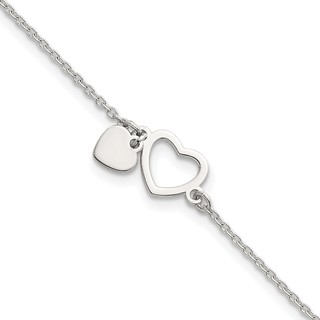 Sterling Silver Polished Double Heart 7 inch with 1 inch Extension Bracelet