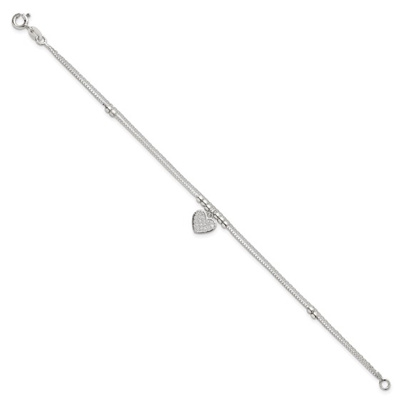 Sterling Silver Polished and Beaded with White CZ Heart Double Strand 7.5 inch Bracelet