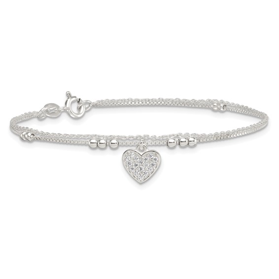 Sterling Silver Polished and Beaded with White CZ Heart Double Strand 7.5 inch Bracelet