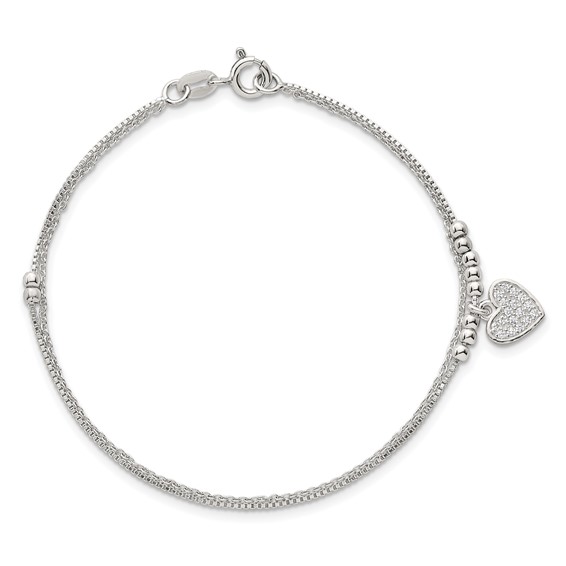 Sterling Silver Polished and Beaded with White CZ Heart Double Strand 7.5 inch Bracelet