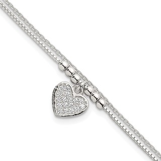 Sterling Silver Polished and Beaded with White CZ Heart Double Strand 7.5 inch Bracelet