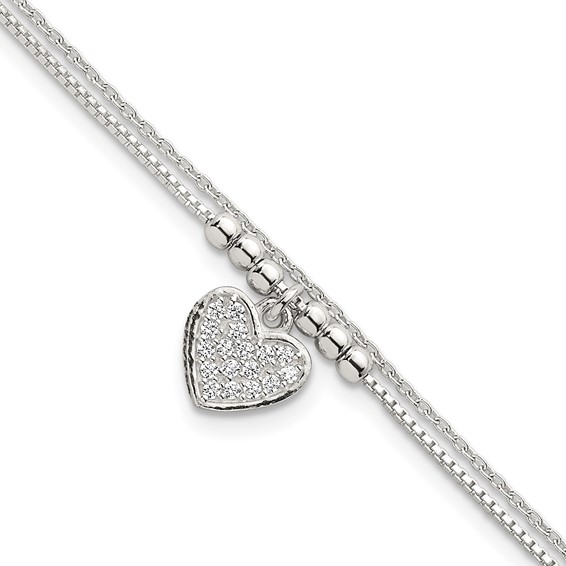 Sterling Silver Polished and Beaded with White CZ Heart Double Strand 7.5 inch Bracelet
