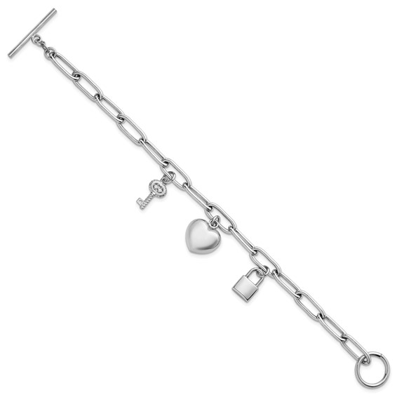 Sterling Silver Rhodium-plated Heart Lock and Key with CZ 7.5 inch Paperclip Chain Toggle Bracelet