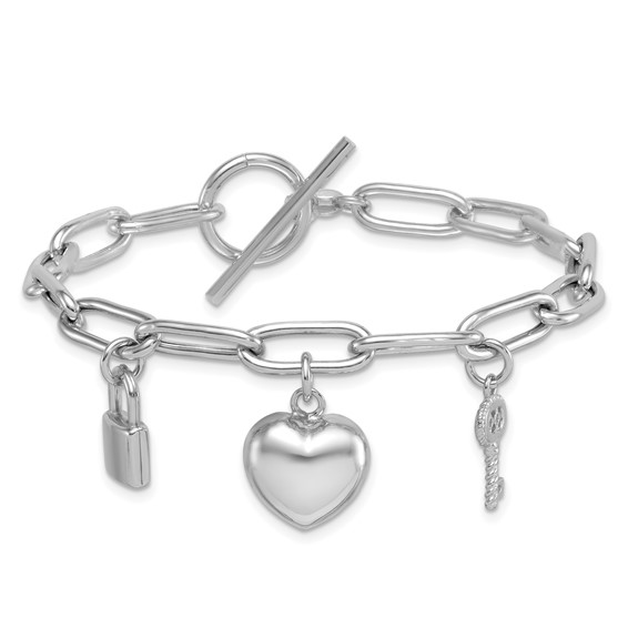 Sterling Silver Rhodium-plated Heart Lock and Key with CZ 7.5 inch Paperclip Chain Toggle Bracelet