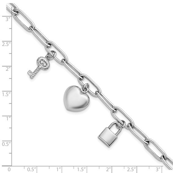 Sterling Silver Rhodium-plated Heart Lock and Key with CZ 7.5 inch Paperclip Chain Toggle Bracelet