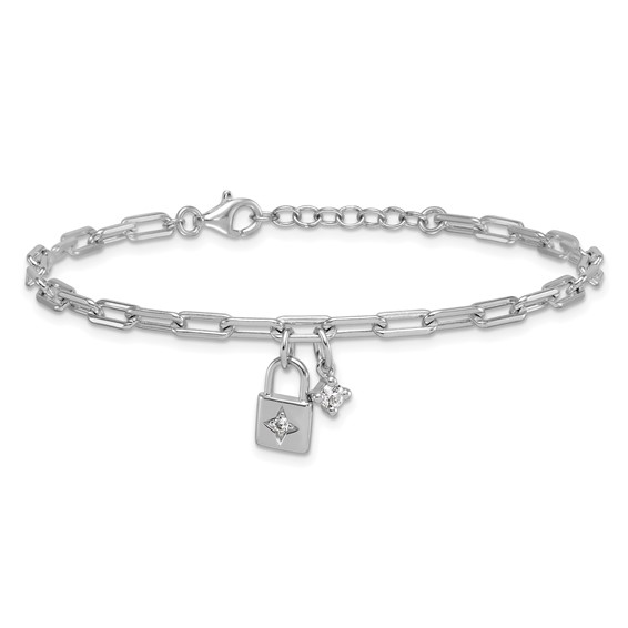 Sterling Silver Rhodium-plated Polished CZ and Lock 7 inch with 0.75 inch Extender Bracelet