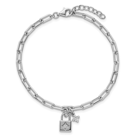 Sterling Silver Rhodium-plated Polished CZ and Lock 7 inch with 0.75 inch Extender Bracelet