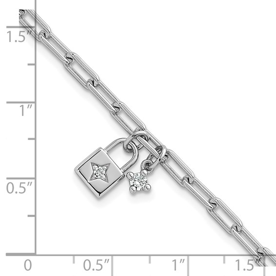 Sterling Silver Rhodium-plated Polished CZ and Lock 7 inch with 0.75 inch Extender Bracelet