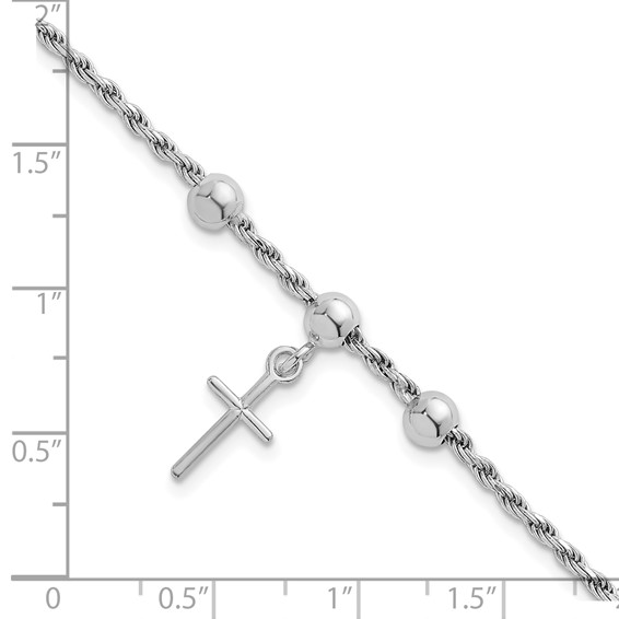 Sterling Silver Rhodium-plated Cross Dangle and Beads 7 inch Rope Chain Bracelet