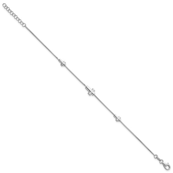 Sterling Silver Rhodium-plated Three Crosses 7 inch with 1 inch Extension Bracelet