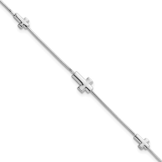 Sterling Silver Rhodium-plated Three Crosses 7 inch with 1 inch Extension Bracelet