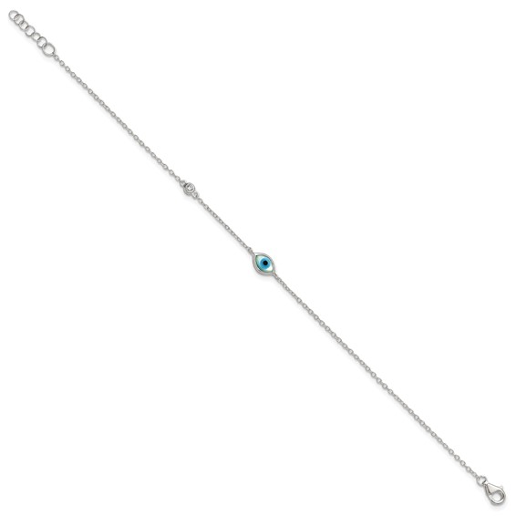 Sterling Silver Polished CZ and Mother of Pearl Evil Eye 6.75 Inch with 0.5 Inch Extension Bracelet
