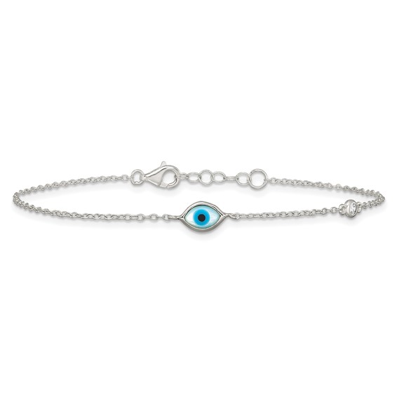 Sterling Silver Polished CZ and Mother of Pearl Evil Eye 6.75 Inch with 0.5 Inch Extension Bracelet