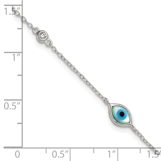 Sterling Silver Polished CZ and Mother of Pearl Evil Eye 6.75 Inch with 0.5 Inch Extension Bracelet