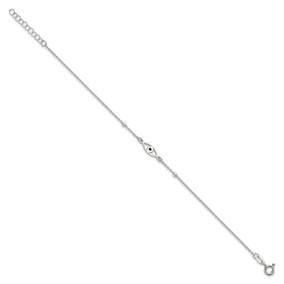 Sterling Silver Polished Beaded Black Enamel Evil Eye 7 inch with 1 inch Extension Bracelet