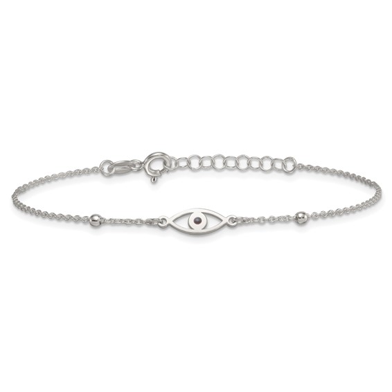 Sterling Silver Polished Beaded Black Enamel Evil Eye 7 inch with 1 inch Extension Bracelet