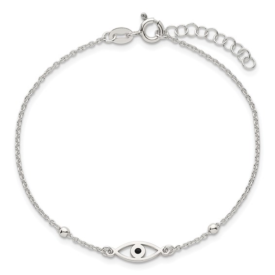 Sterling Silver Polished Beaded Black Enamel Evil Eye 7 inch with 1 inch Extension Bracelet