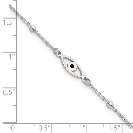 Sterling Silver Polished Beaded Black Enamel Evil Eye 7 inch with 1 inch Extension Bracelet
