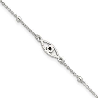 Sterling Silver Polished Beaded Black Enamel Evil Eye 7 inch with 1 inch Extension Bracelet