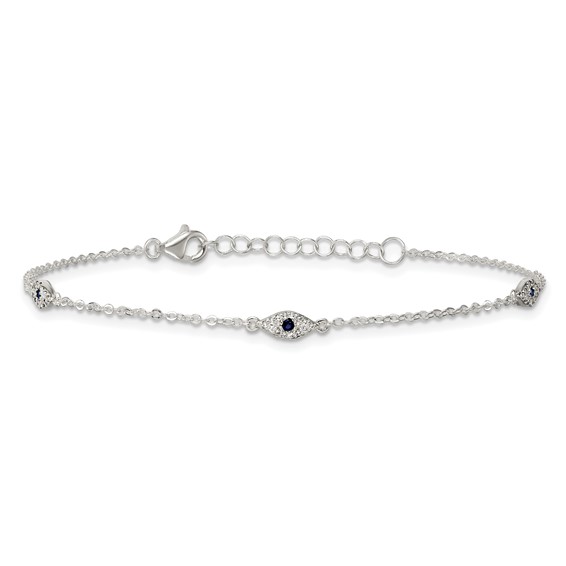 Sterling Silver Polished Blue and White CZ Evil Eye 7 Inch with 1 Inch Extension Bracelet