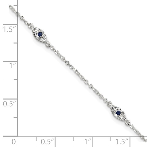 Sterling Silver Polished Blue and White CZ Evil Eye 7 Inch with 1 Inch Extension Bracelet