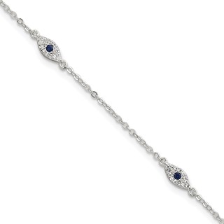 Sterling Silver Polished Blue and White CZ Evil Eye 7 Inch with 1 Inch Extension Bracelet