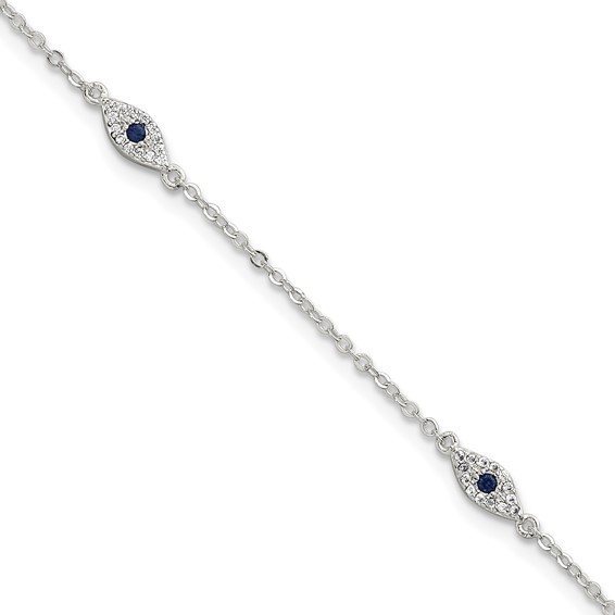 Sterling Silver Polished Blue and White CZ Evil Eye 7 Inch with 1 Inch Extension Bracelet