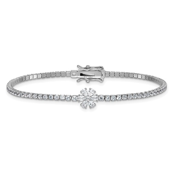 Sterling Silver Rhodium-plated Polished CZ Flower 7.25 inch Tennis Bracelet