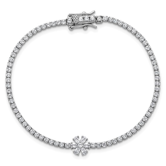 Sterling Silver Rhodium-plated Polished CZ Flower 7.25 inch Tennis Bracelet