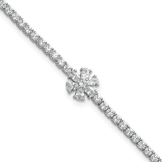 Sterling Silver Rhodium-plated Polished CZ Flower 7.25 inch Tennis Bracelet
