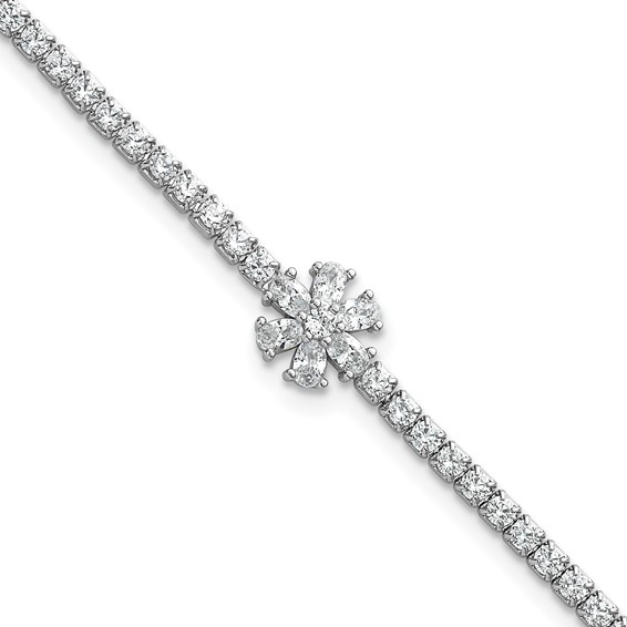 Sterling Silver Rhodium-plated Polished CZ Flower 7.25 inch Tennis Bracelet
