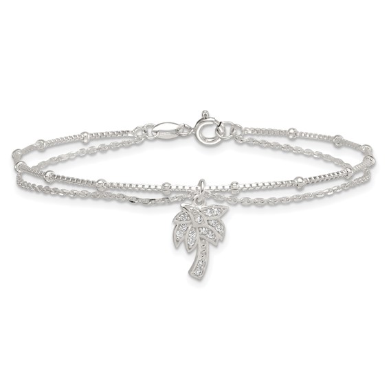 Sterling Silver Polished and Beaded White CZ Palm Tree Dangle Double Strand 7.5 inch Bracelet