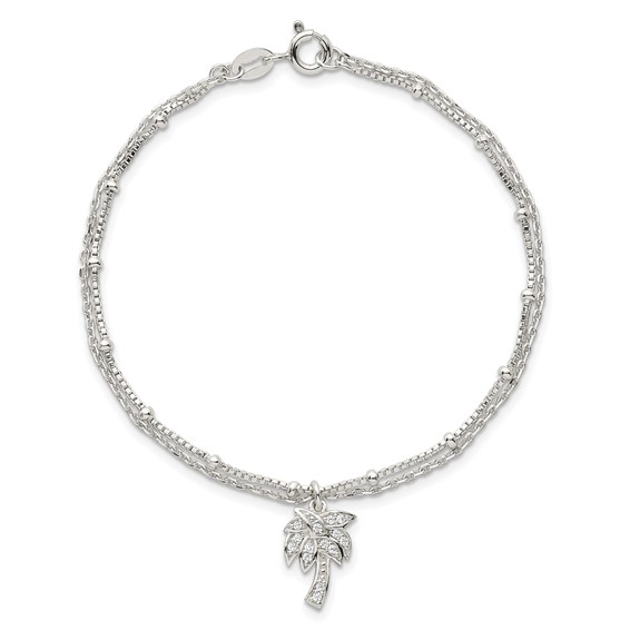Sterling Silver Polished and Beaded White CZ Palm Tree Dangle Double Strand 7.5 inch Bracelet