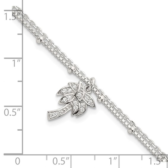 Sterling Silver Polished and Beaded White CZ Palm Tree Dangle Double Strand 7.5 inch Bracelet