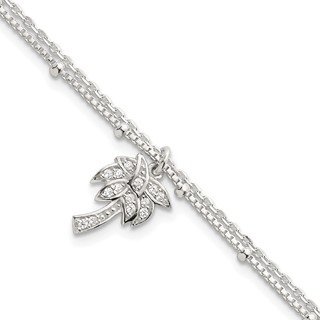 Sterling Silver Polished and Beaded White CZ Palm Tree Dangle Double Strand 7.5 inch Bracelet