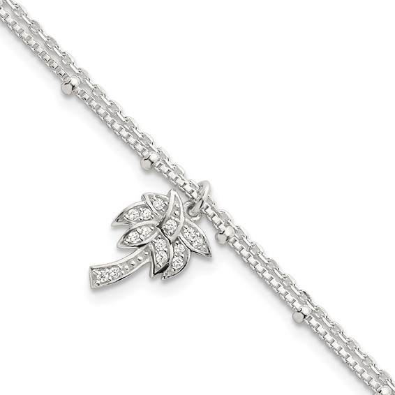 Sterling Silver Polished and Beaded White CZ Palm Tree Dangle Double Strand 7.5 inch Bracelet