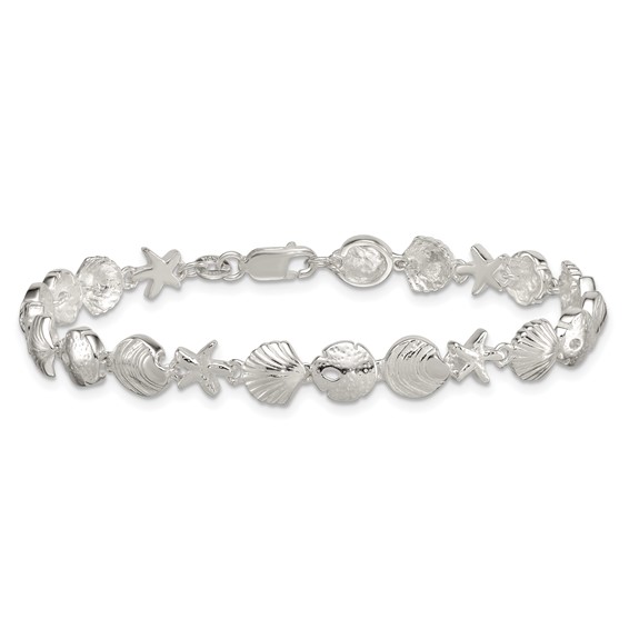 "Sterling Silver Polished Textured Starfish, Sand Dollar, and Sea Shell 7.25 inch Bracelet"