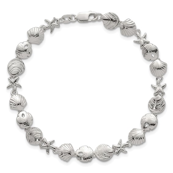 "Sterling Silver Polished Textured Starfish, Sand Dollar, and Sea Shell 7.25 inch Bracelet"