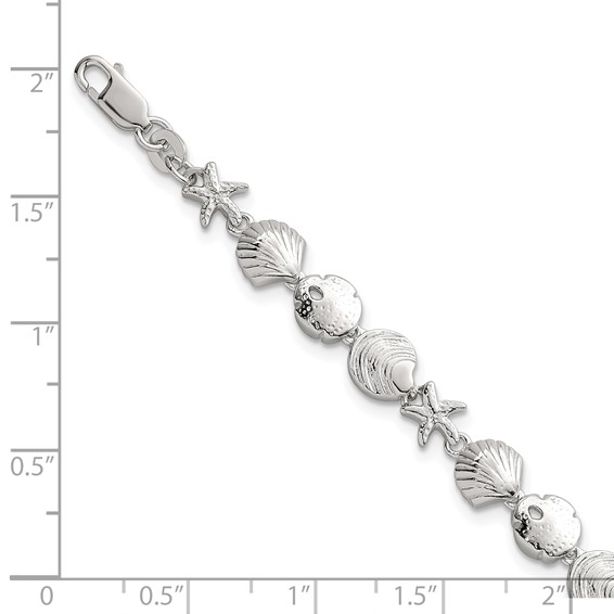 "Sterling Silver Polished Textured Starfish, Sand Dollar, and Sea Shell 7.25 inch Bracelet"