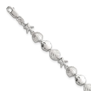 "Sterling Silver Polished Textured Starfish, Sand Dollar, and Sea Shell 7.25 inch Bracelet"
