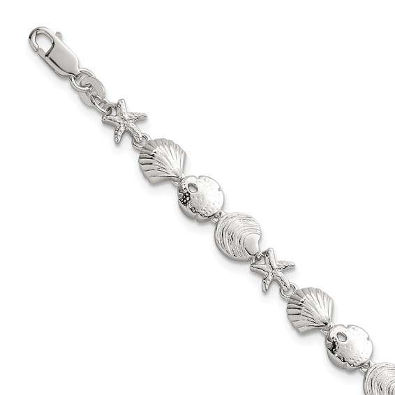 "Sterling Silver Polished Textured Starfish, Sand Dollar, and Sea Shell 7.25 inch Bracelet"