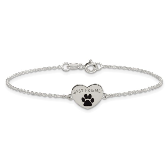 Sterling Silver Polished Black Enamel Pawprint Heart BEST FRIEND 7.5 inch Bracelet