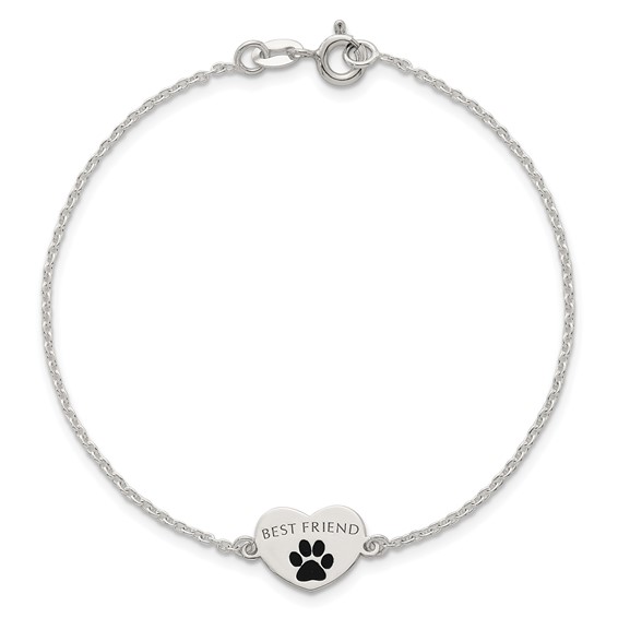 Sterling Silver Polished Black Enamel Pawprint Heart BEST FRIEND 7.5 inch Bracelet
