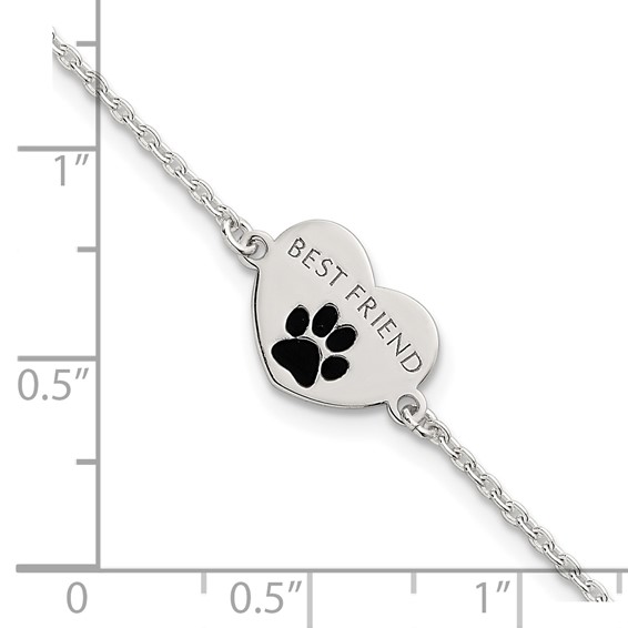 Sterling Silver Polished Black Enamel Pawprint Heart BEST FRIEND 7.5 inch Bracelet