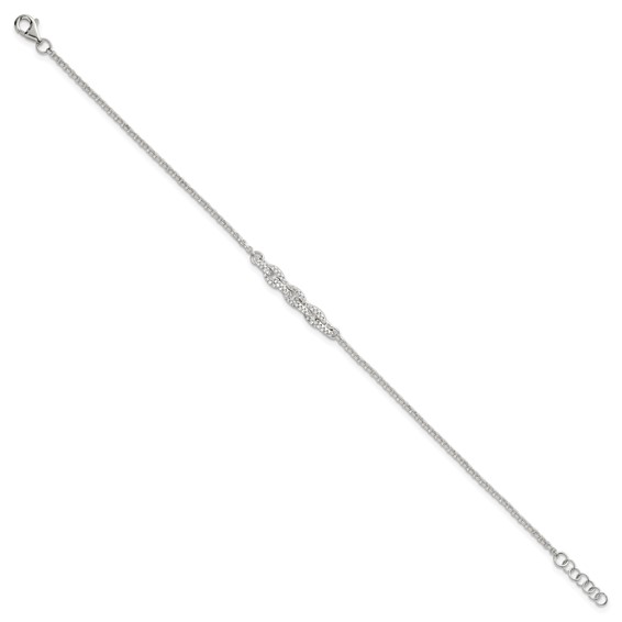 Sterling Silver Polished Pave CZ Cable Link 6.75 Inch with 0.5 Inch Extension Bracelet