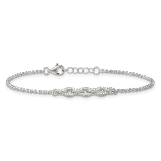 Sterling Silver Polished Pave CZ Cable Link 6.75 Inch with 0.5 Inch Extension Bracelet