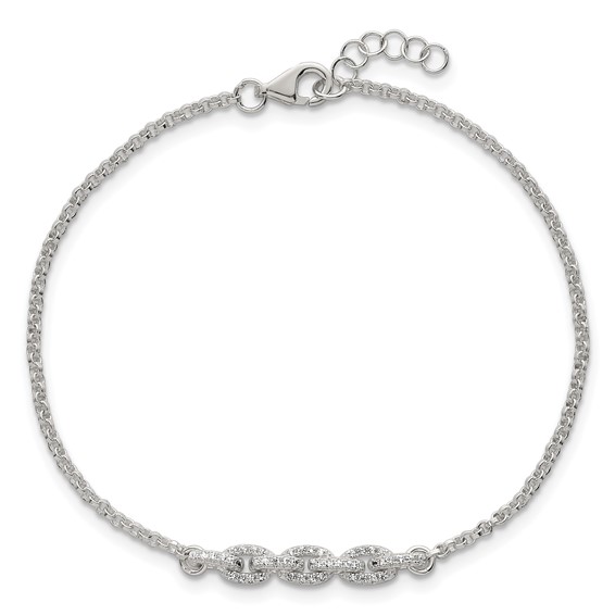 Sterling Silver Polished Pave CZ Cable Link 6.75 Inch with 0.5 Inch Extension Bracelet