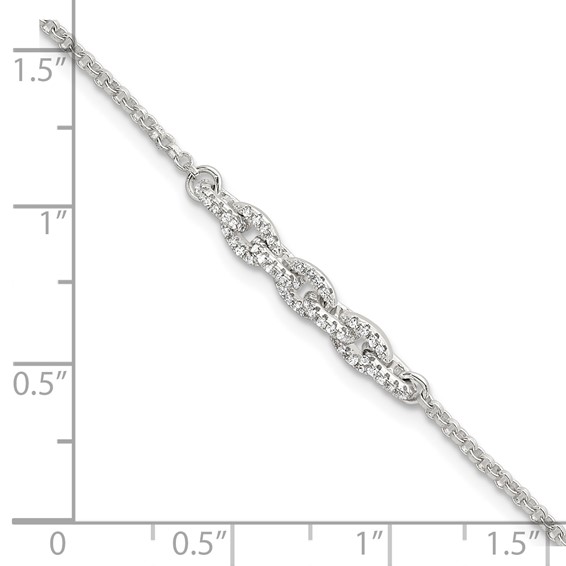 Sterling Silver Polished Pave CZ Cable Link 6.75 Inch with 0.5 Inch Extension Bracelet