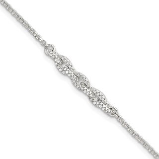 Sterling Silver Polished Pave CZ Cable Link 6.75 Inch with 0.5 Inch Extension Bracelet